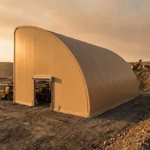 Portable Pre Engineered Remote Site Storage Building Monopitch Half Arch 80x120m Warm Beige PVC for Copper Concentrate Storage