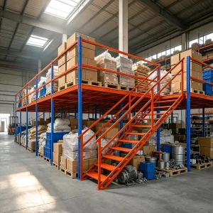 Powder Coated Steel Mezzanine Loft Rack Multi Tier Warehouse Storage Platform With Access Stair