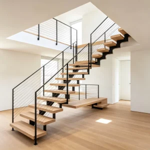 Prefab Floating Staircase Modern Carbon Steel Mono Beam Beech Oak Wood Tread Stairs Indoor Staircase Design for Houses