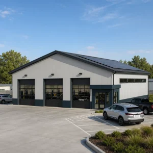 Prefab Steel Structure Auto Repair Shop Mechanic Garage Workshop Service Center Solar Panel Roof Gable Custom