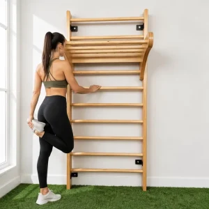 Professional Wooden Stall Bars Wall Mounted Swedish Ladder with Pull up Bar Dip Station for Home Gym Stretching