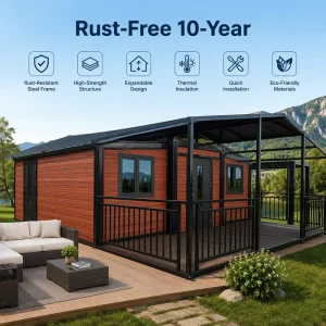 Robust Galvanized Steel 40ft Double Wing Expandable Modular Villa with Sloped Roof and Veranda for Glamping Site Remote Island
