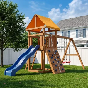 Rock Wall Play Set for Kids, Montessori Toddler Outdoor Knotted Rope Climbing, Slide and Swing, Orange Canopy, Blue Grip