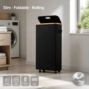 Rolling Laundry Hamper on Wheels Fabric Canvas Basket with Lid and Front Pocket Clothes Hamper for Bathroom Bedroom Laundry Room