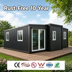 Rustproof Expandable 20ft Container House with Black Siding Aluminum Security Door Galvanized Steel Clerestory for Home Office Study