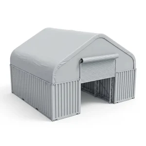 Sample Ai Heavy Duty Galvanized Steel 850gsm PVC Wind Rated A Frame Container Shelter Emergency Relief Warehouse Use Storage