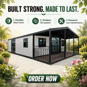 Sloped Steel Roof 20ft Prefabricated Villa with Integrated Awning and Custom Color for Mediterranean Holiday Homes