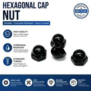 Smooth Round Dome Hex Nut, Black Oxide Carbon Steel, for Signage Mounting Brackets