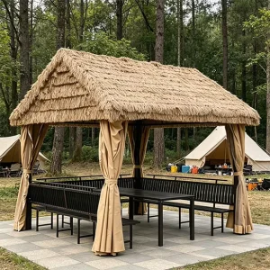 Source Factory Farmhouse Thatch Pavilion Tiki Hut Style Heavy Steel Frame Waterproof PE Roof Garden Patio Backyard Gazebo