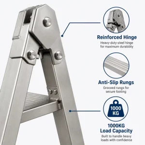 Stainless Steel Articulated Ladder 150KG Load Capacity Anti Slip Rungs Reinforced Hinge Folding A Frame Ladder Heavy Duty