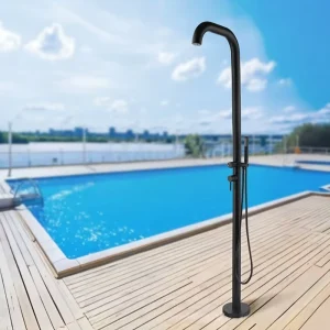 Stainless Steel Bathroom Floor Mounted Faucet Tall Shower Column Polished Chrome Finish Soft Modern Triple Handle Jet Ceramic