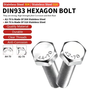 Stainless Steel Hex Bolt DIN933 Full Thread Hexagonal Machine Screw SS304 SS316 Metric Fastener M3 M4 M5 M6 M8 M10 M12