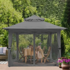 Steel Garden Pergola Gazebo with Powder-Coated Finish 11×11 ft Black Waterproof Canopy