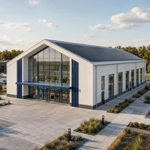 Steel Structure Exhibition Hall Showroom Building Commercial Event Hall Solar Panel Roof Sunshade Fins Custom