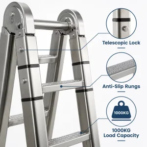 Telescopic Articulated A Frame Ladder Stainless Steel Folding Step Ladder Anti Slip Rungs 150KG Load Capacity for Factory