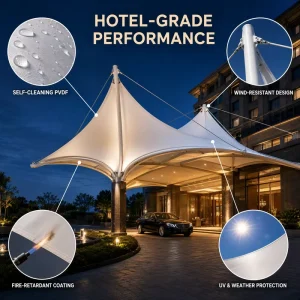 Tensile Membrane Structure Hotel Entrance Canopy Waterproof Shade Roof PVDF Fabric Steel Frame Custom Design