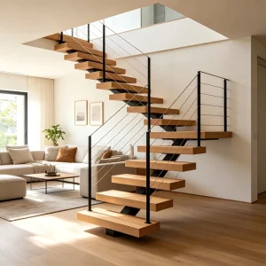 Top Quality Indoor Straight Wood Tread Cable Railing Modern Floating Staircase Led Light Stair Stair Design