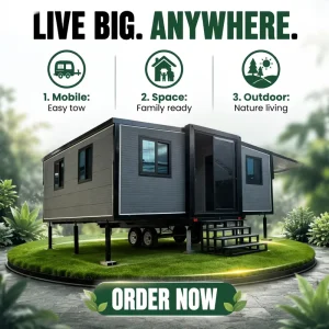 Trailer Chassis Mounted 20ft Portable Tiny Home with Sloped Steel Roof and Wide Terrace for Mobile Lifestyle and Travel