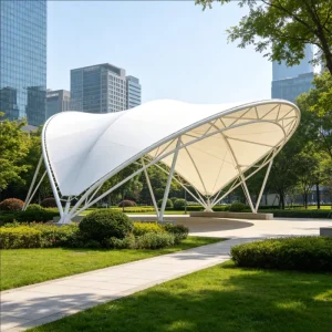 Urban Landscape Outdoor PVDF Tensile Membrane Structure Steel Frame Shade Canopy Waterproof Fire Resistant Rain Shelter Hotel
