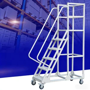 Warehouse Mobile Access Ladder With Stable Platform Lockable Wheels Aluminum Alloy 6000 Series Bending Cutting Welding Services