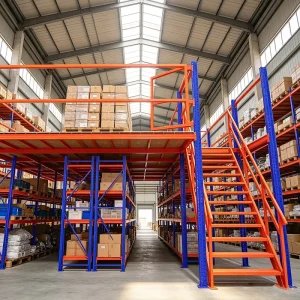 Warehouse Two Tier Mezzanine Storage Rack Heavy Duty Steel Loft Platform With Protective Railing