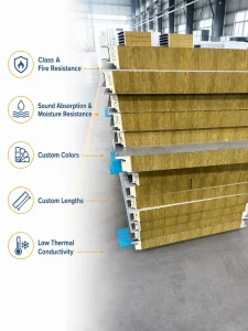Waterproof Rock Wool Sandwich Panel Tongue and Groove Joint System Fireproof Steel Cladding for Cold Room Warehouse