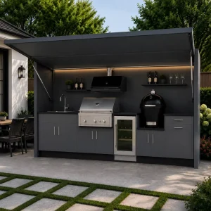 Waterproof Rolling Grill Prep Table with Wash Sink Liftable Sun Shade Canopy Modular Outdoor Kitchen