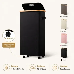 Wheeled Clothes Hamper Laundry Basket with Lid Front Pocket 4 Caster Fabric Rolling Laundry Organizer for Bedroom Bathroom Home