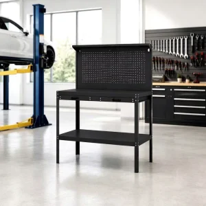Work Bench Metal Pegboard Workshop Sturdy Storage Table with Drawer and Wire Shelf