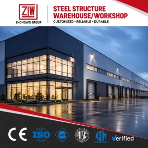 ZW Modern Pre Engineered Steel Structure Warehouse for Fabrication ISO 9001 Certified High Capacity