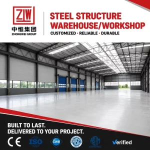 ZW Prefabricated Steel Building Warehouse Large Span Galvanized Anti-Corrosion 5+ Year Warranty 121+ Mph Wind Resistance