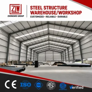 Zhongwei Modern Prefabricated Steel Structure Warehouse Workshop ISO 9001 CE Certified 121+ Mph Wind Resistance 5+ Year Warranty